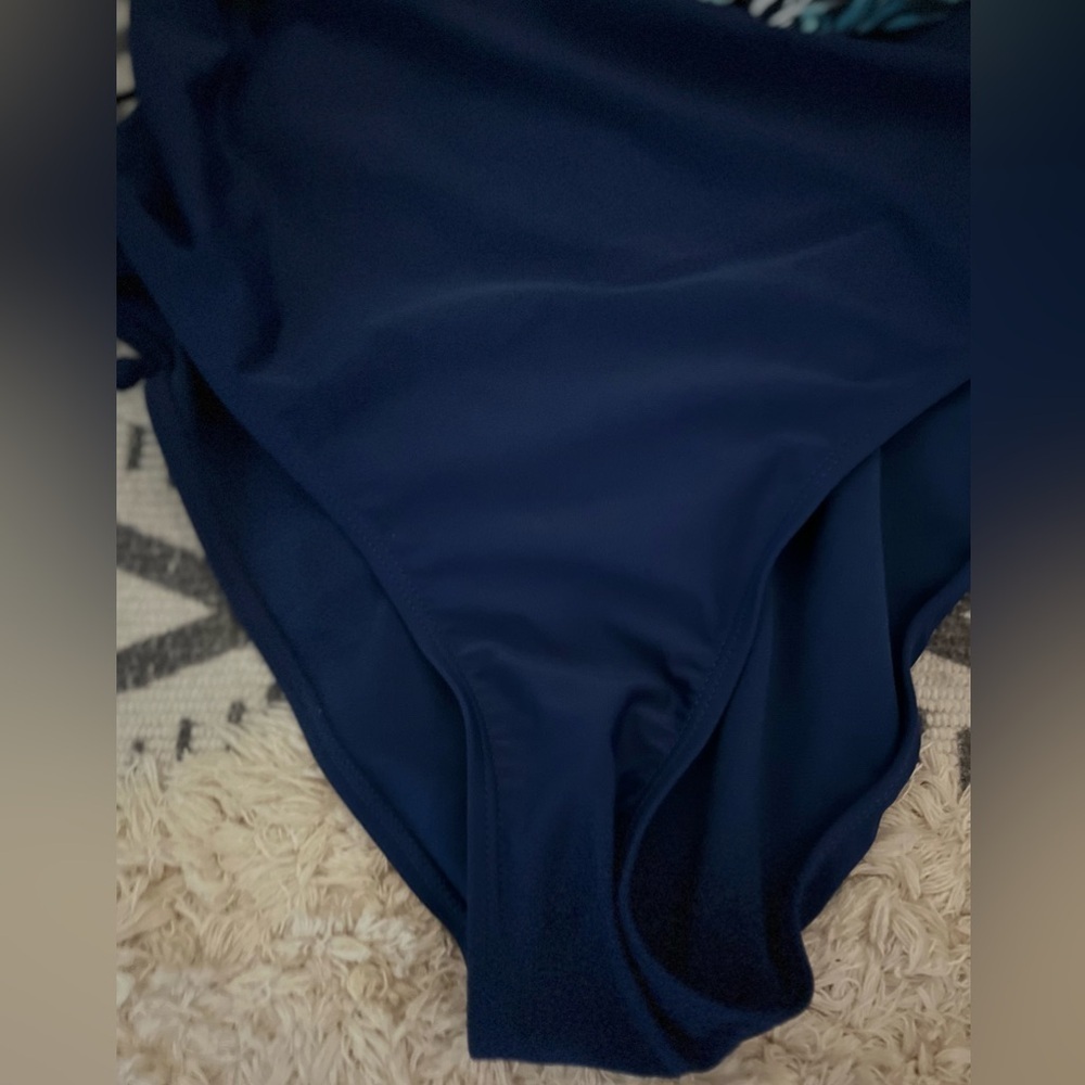 NWOT Swimsuit XOXO 1 PC Navy Tropical Print Ruffle Trim Off Shoulder Mallot L - Picture 9 of 11